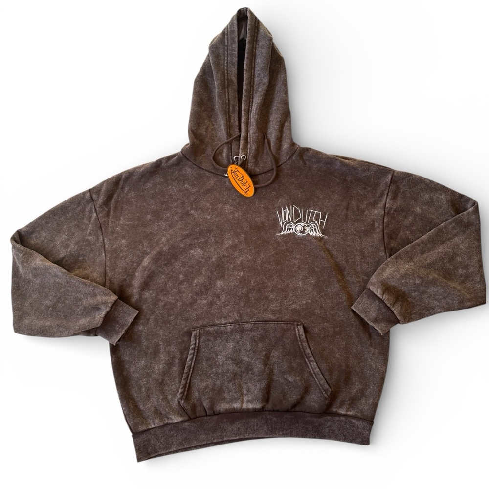 Von Dutch Women’s Brown Mineral Wash Hoodie Size Large NWT Graphic Sweatshirt